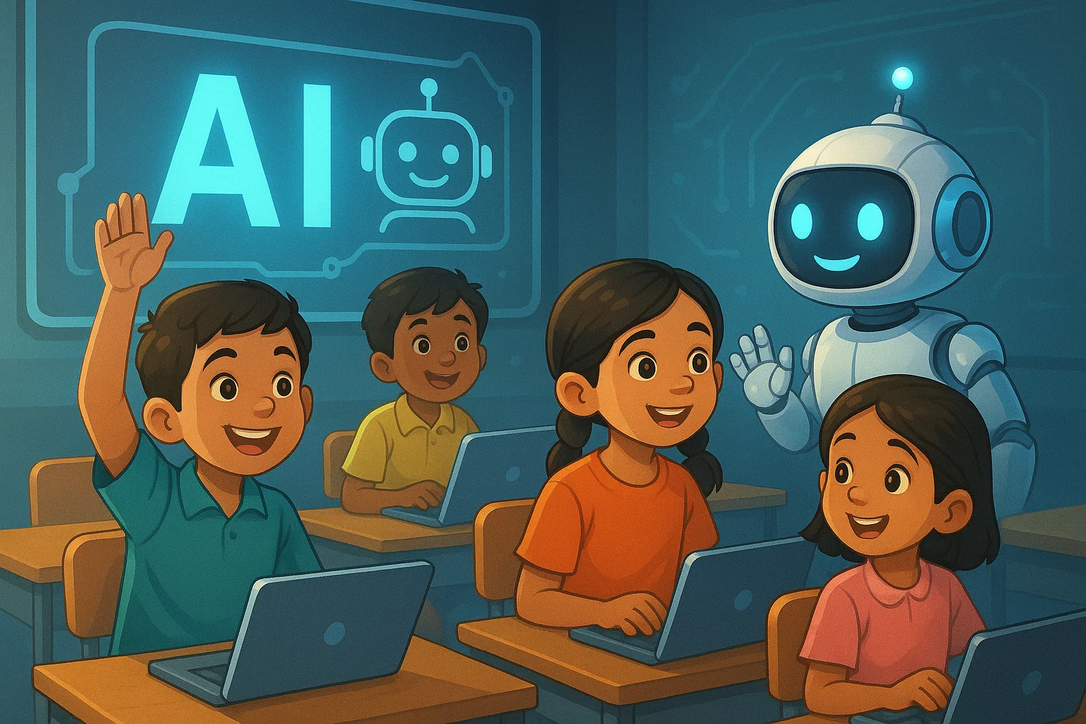 Teenagers working on laptops in an AI for kids class 9 and 10.